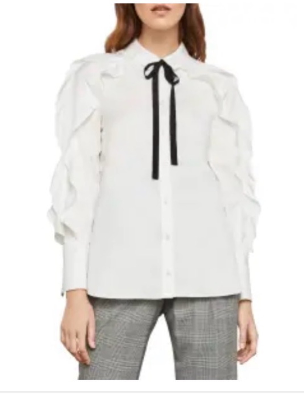BCBGMAXAZRIA White Ruffle Sleeve Button-Down Top with Black Bow